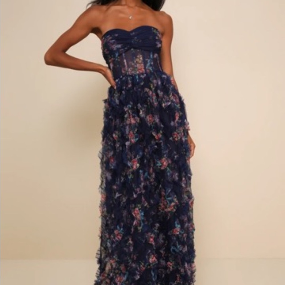 Lulu's Blue Strapless Gown with Floral Appliqués